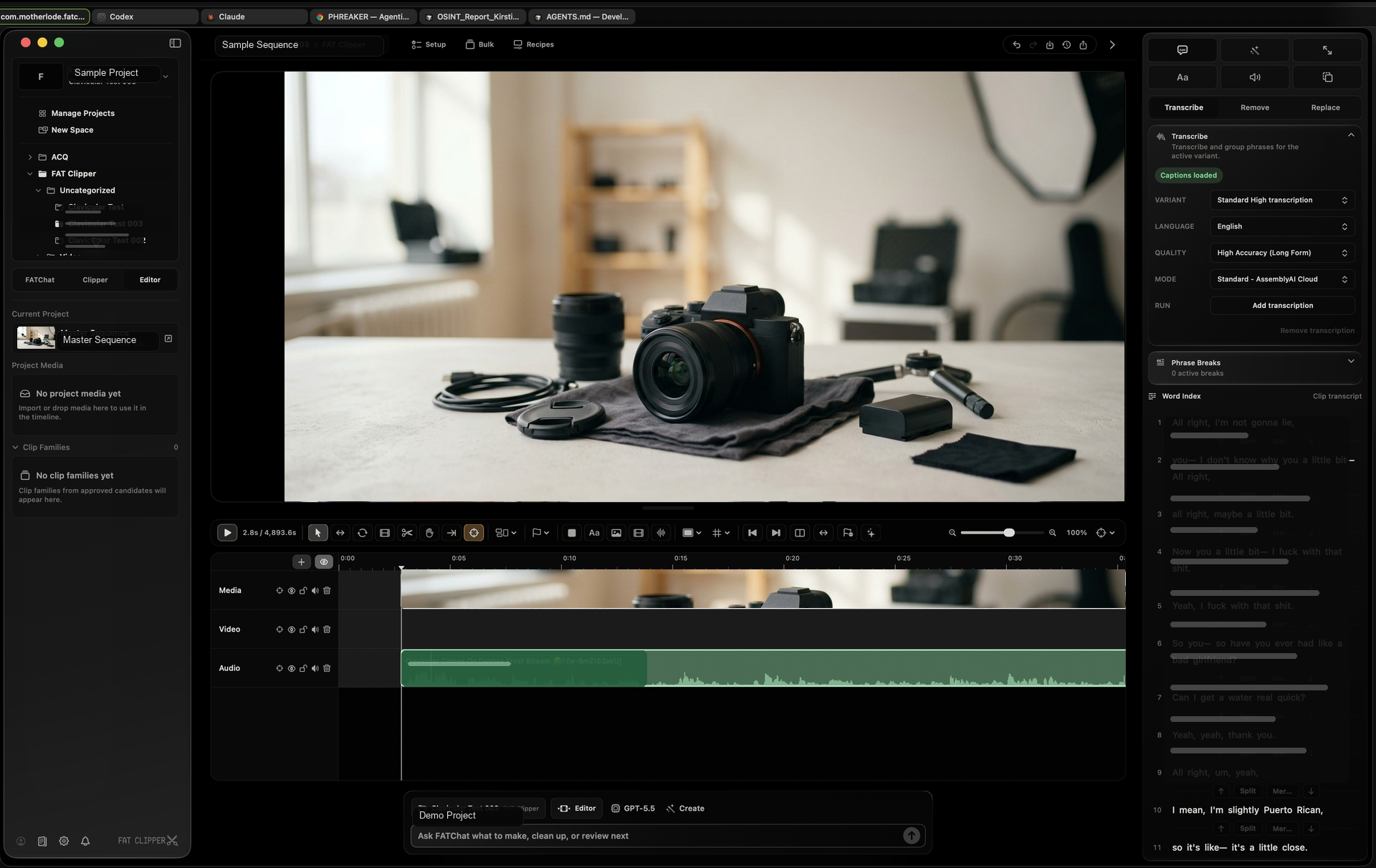 Fat Clipper Editor Studio showing video preview, timeline tracks, waveform, transcript, and inspector controls.