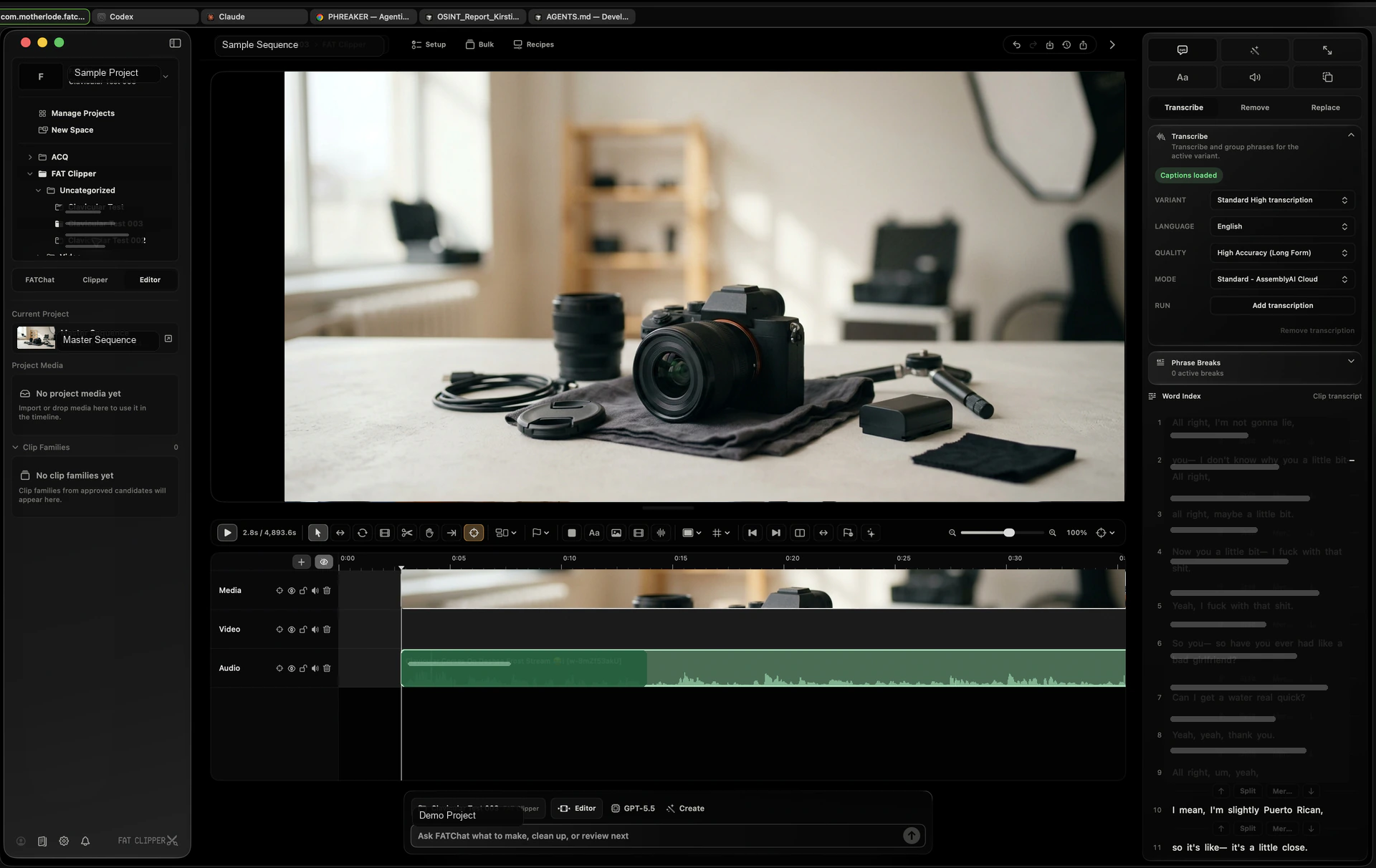 Fat Clipper Editor Studio showing video preview, timeline tracks, waveform, transcript, and inspector controls.