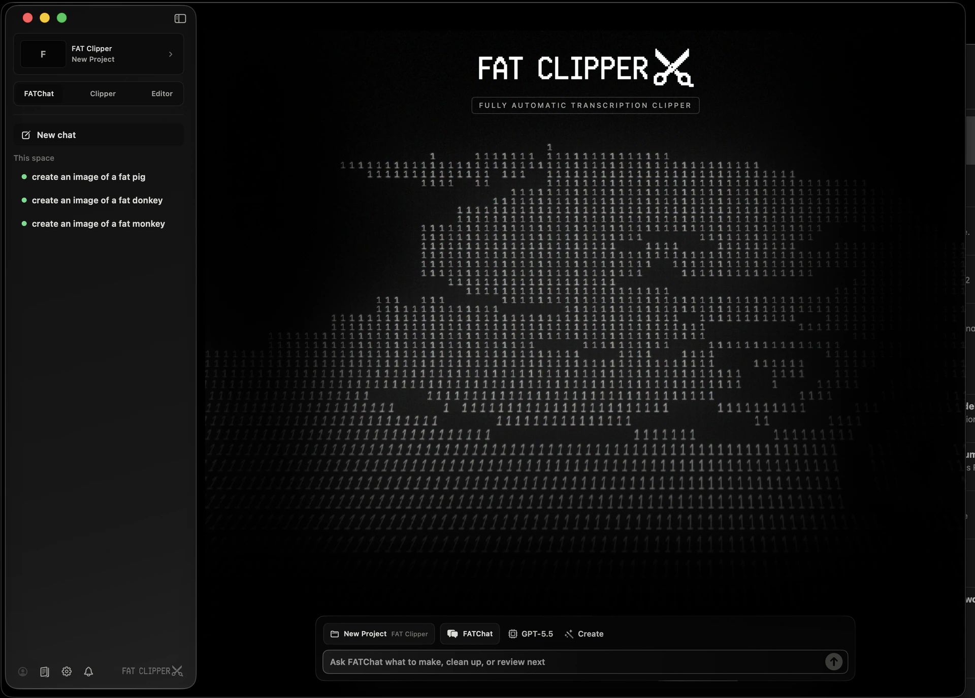 Fat Clipper FATChat surface with project navigation, chat history, and workspace composer.
